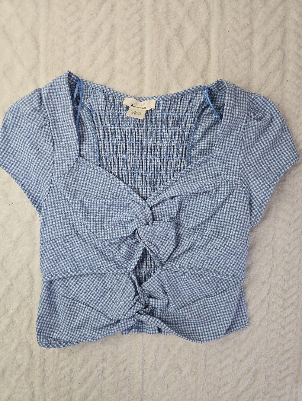 Urban Romantics Gingham Top Blue White Check Twist Front Cutout Short Sleeve L